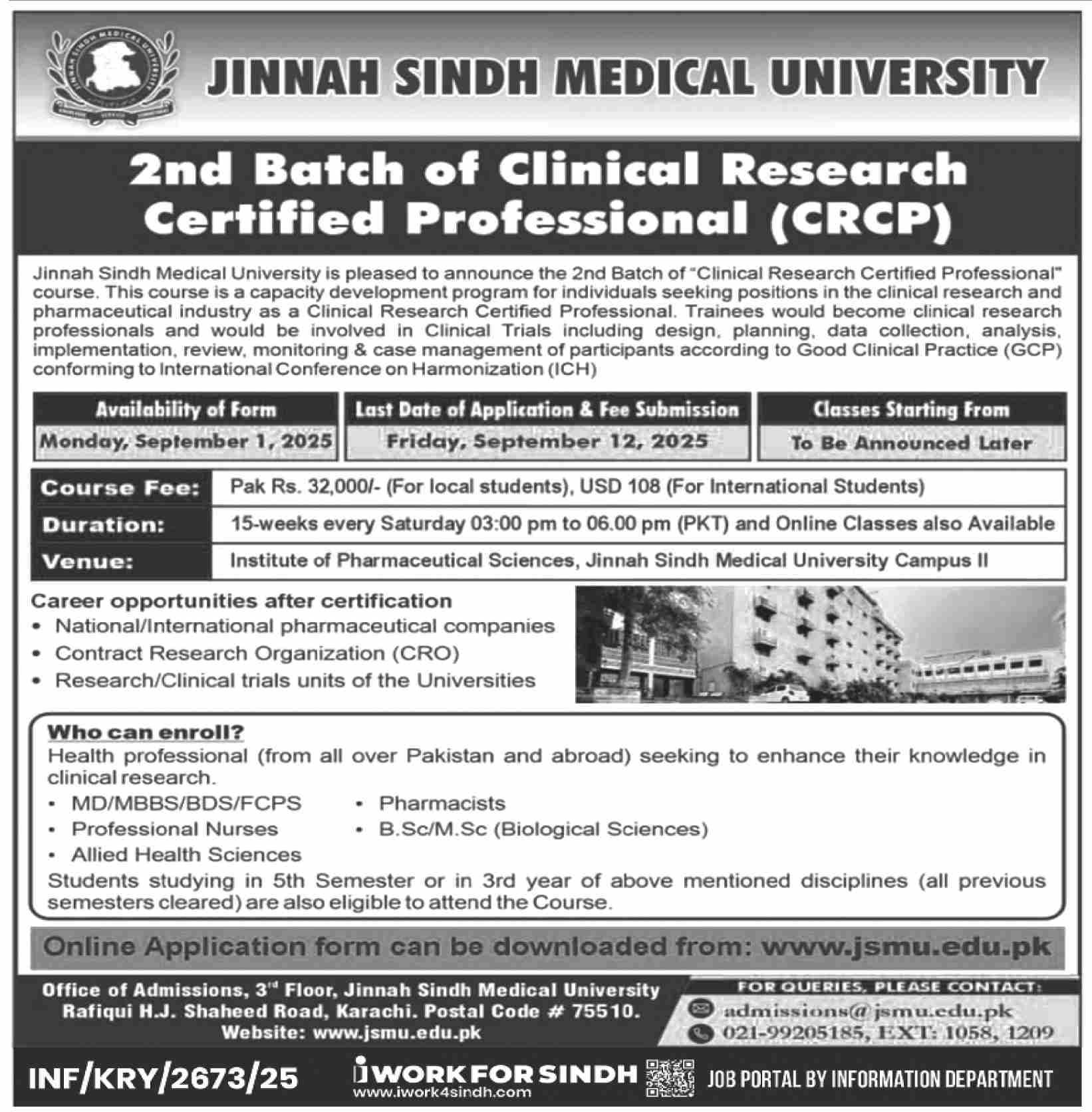 Admission Open in Jinnah Sindh Medical University Karachi